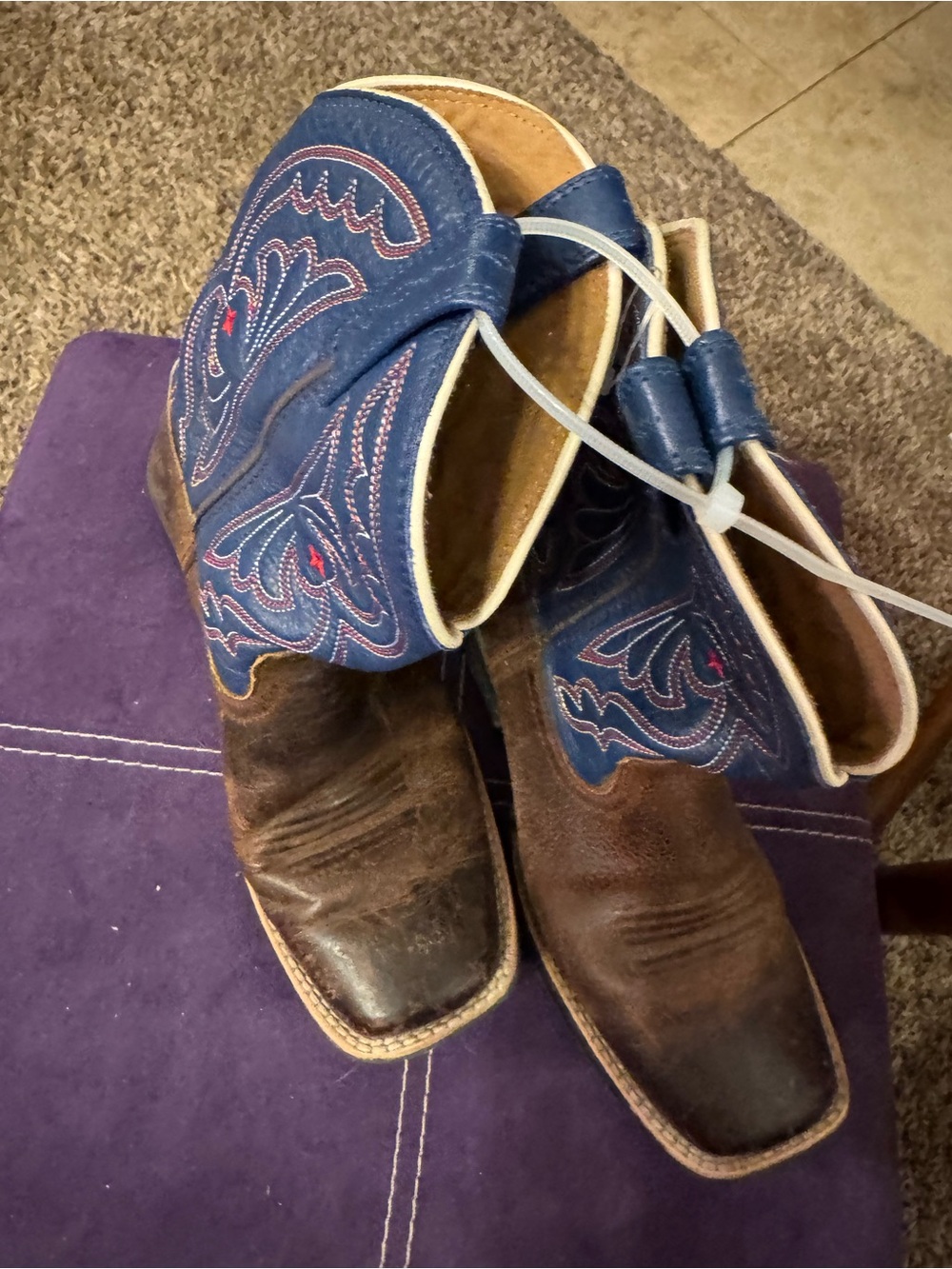 Ariat Brown Leather Cowboy Boots with Blue Embroidered Shaft